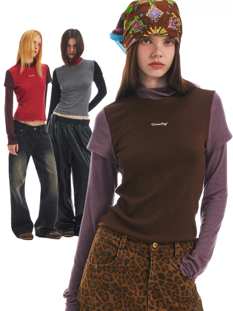 

DNT Retro Versatile Long Sve Embroidered Overhead T-irt Women's Base irt Fake Two-Piece Wood ain Casual Sle