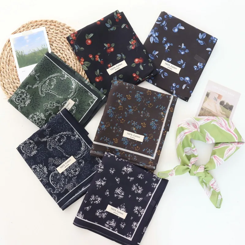 100% Cotton Kerchief Floral Thin High-Grade Silk Scarf Travel Scarf Decorative Western Style Scarf for Women Small Sqare Scarf