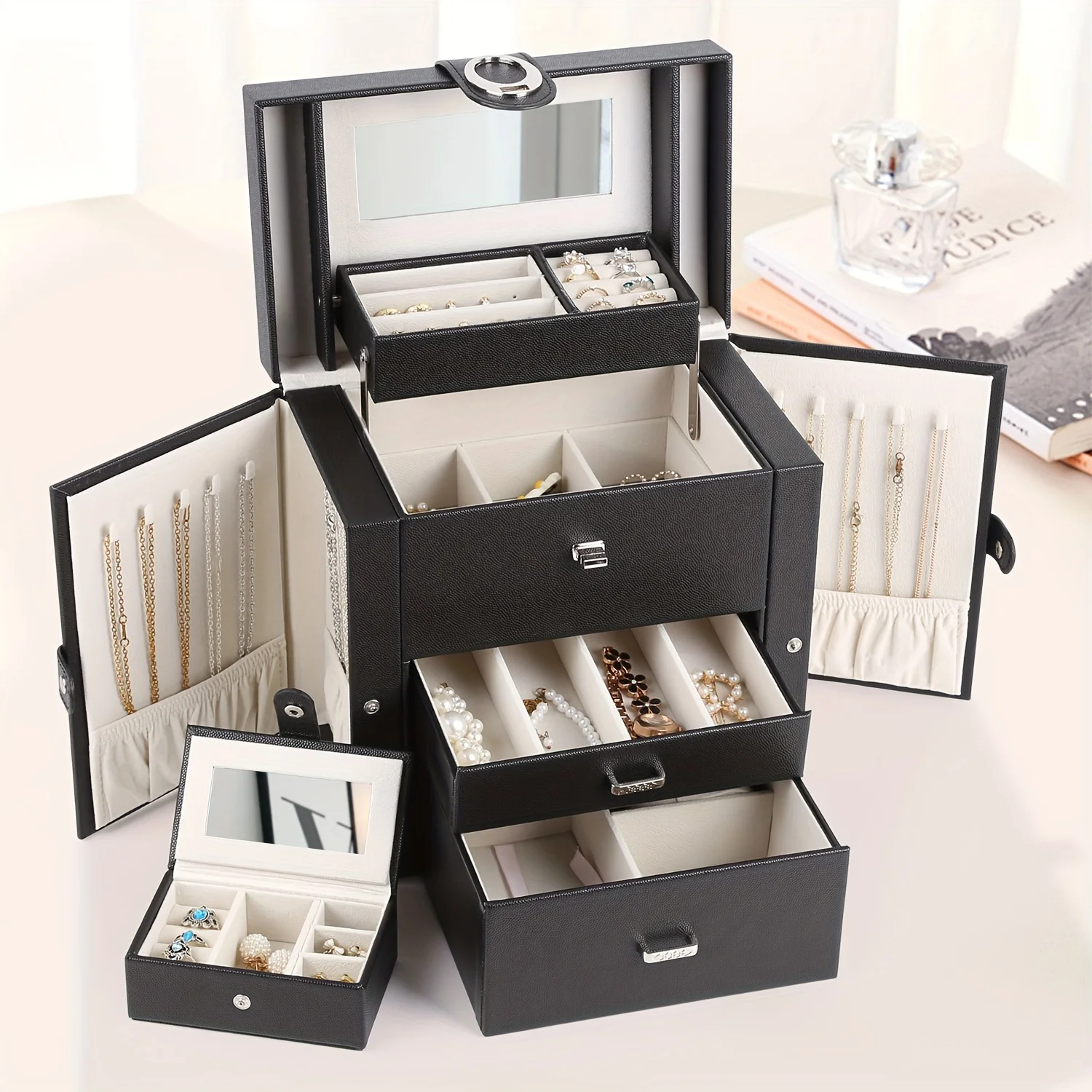 Women's Jewelry Box, Leather Jewelry Storage Box with 2 Drawers and Mirror, Portable Travel Necklace, Ring Storage Box