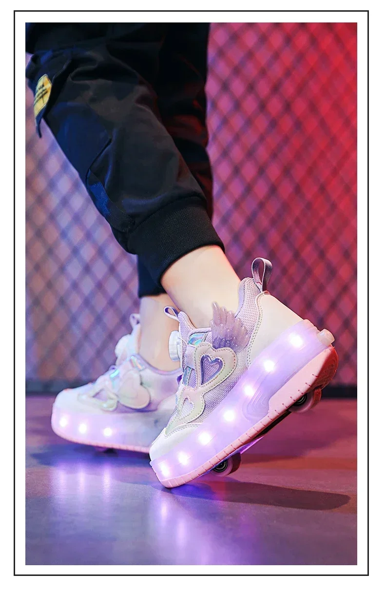 Children Two Girls Wheels Luminous Glowing Sneakers Heels Pink Led Light Roller Skate Shoes Kids Led Shoes USB Charging