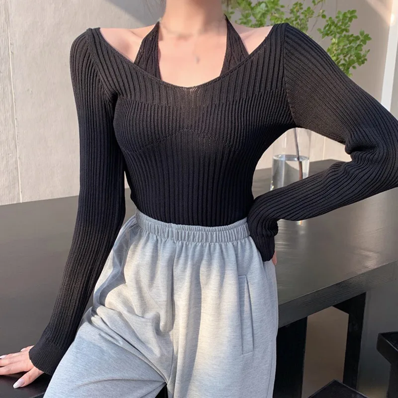 Women\'s Knit Sweater Long Sleeve Off Shoulder Halter Neck Tops Loose fit Sexy Pullover Casual Loose Blouse Jumper Sweaters