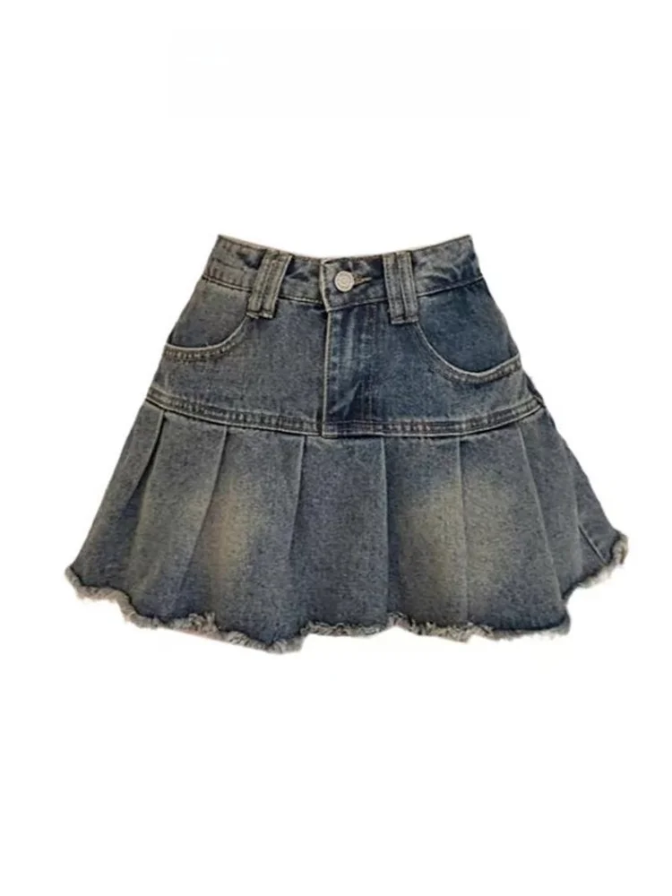 

Retro Distred High Waist Pleated Denim Skirt Women's Summer Slim A-Line Skirts Anti-Light ort Skirts Trendy