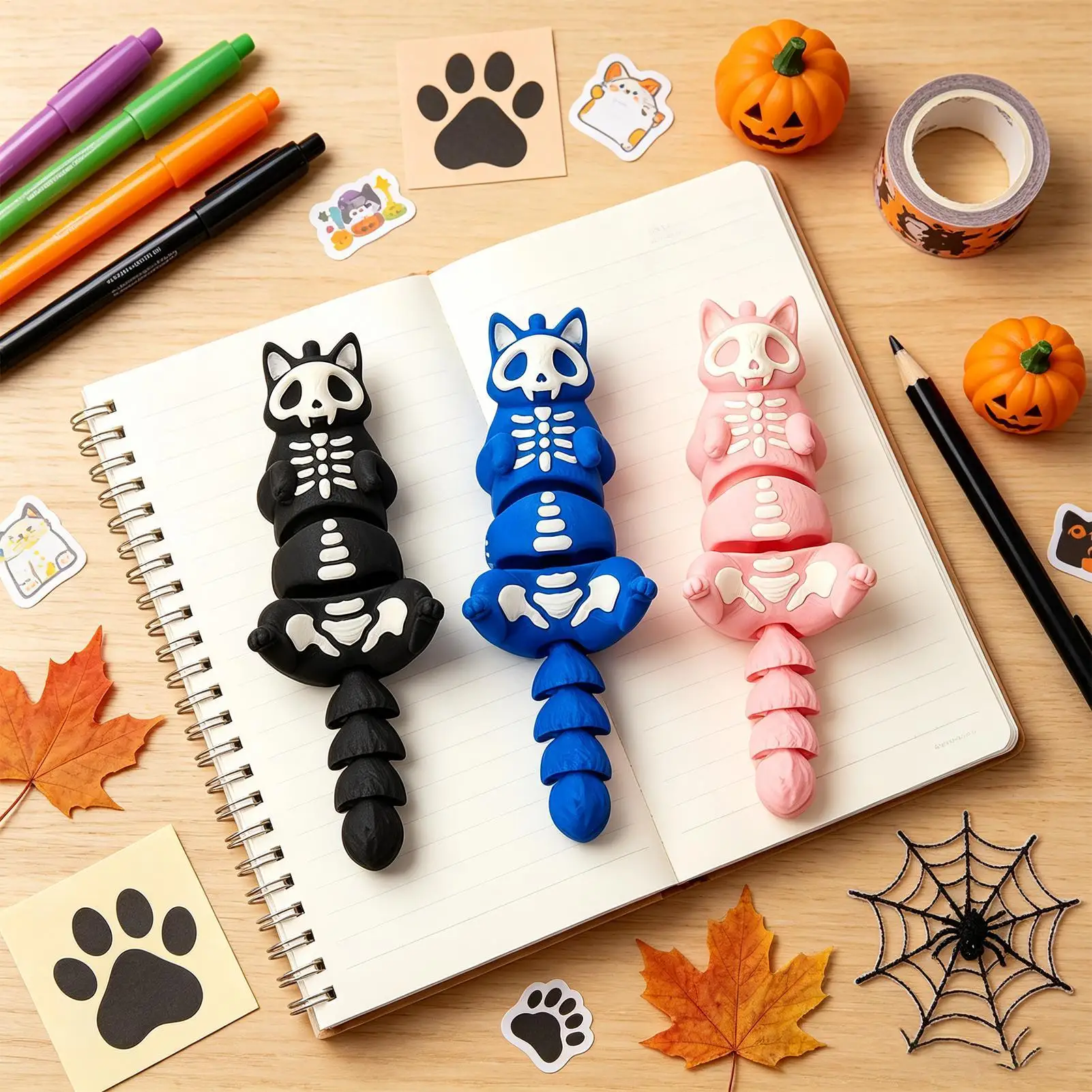 Articulated Animal Keychain 3 Pieces Flexible Joints Pendant Decoration Articulated Cat Skeleton Keychain for Keys Backpacks