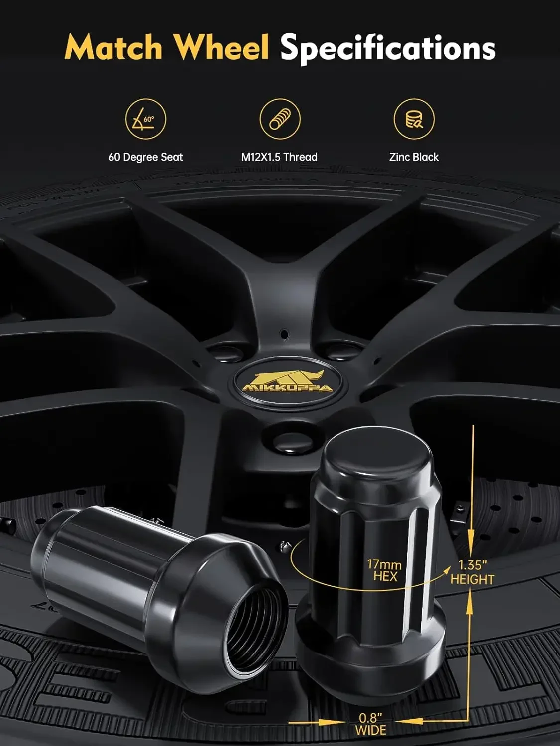 16pcs M12x1.5 Lug Nuts - Black Spline Drive Lug Nuts - 1.4 inch Length - 17mm Hex Size - Cone Acorn Taper Seat - Includ