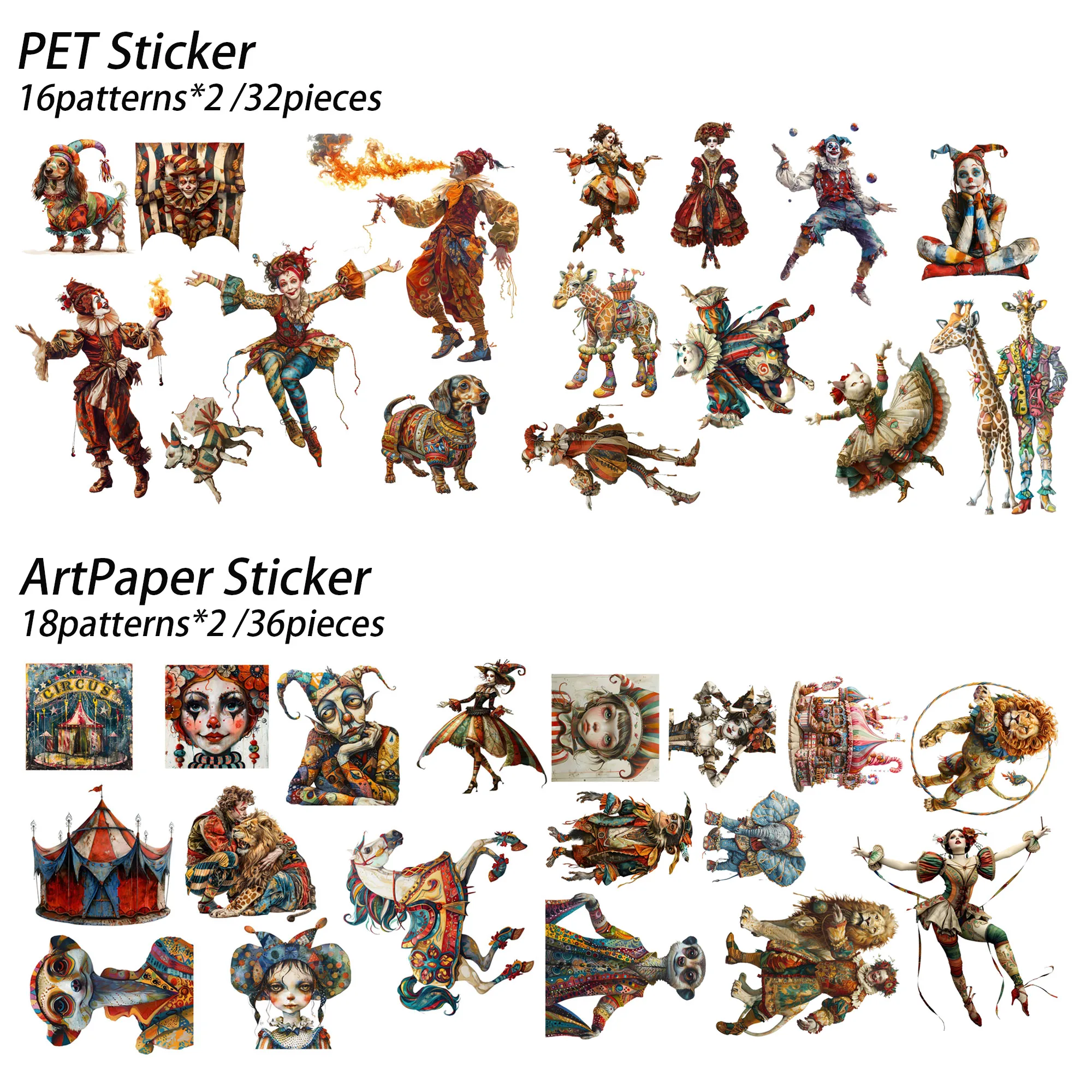 56 Stück-68 Stück PET- und Kunstdruckpapier mit Zirkusmotiv, selbstklebendes ästhetisches Aufkleberpaket, für Kunsthandwerk, DIY-Dekoraufkleber, Clip-Art – Detail 3