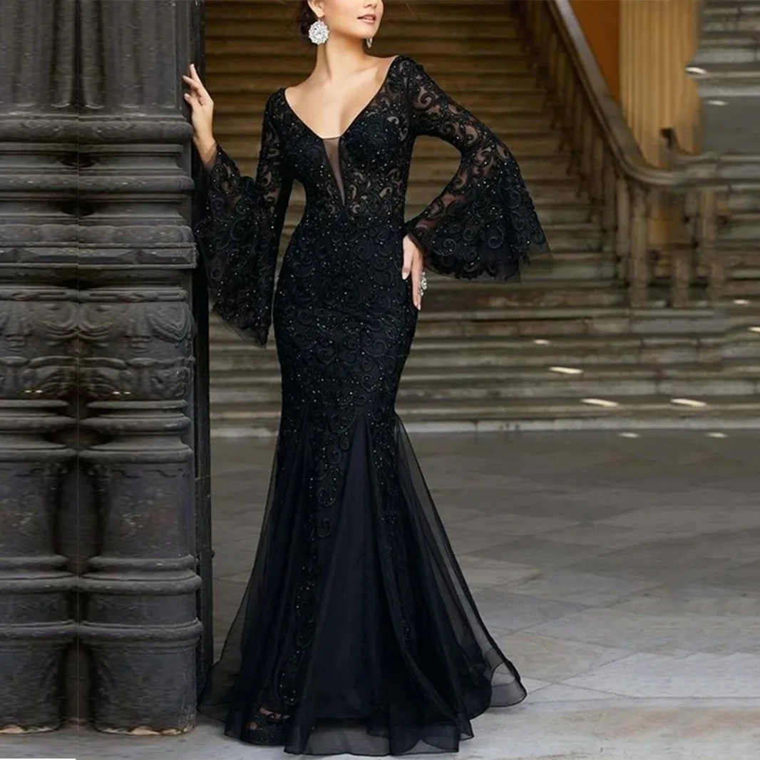 

Women Autumn Evening Dress New Elegant Sexy Slim Lace Fishtail Party Black Solid Color V-neck Trumpet Sleeves Casual Fashion