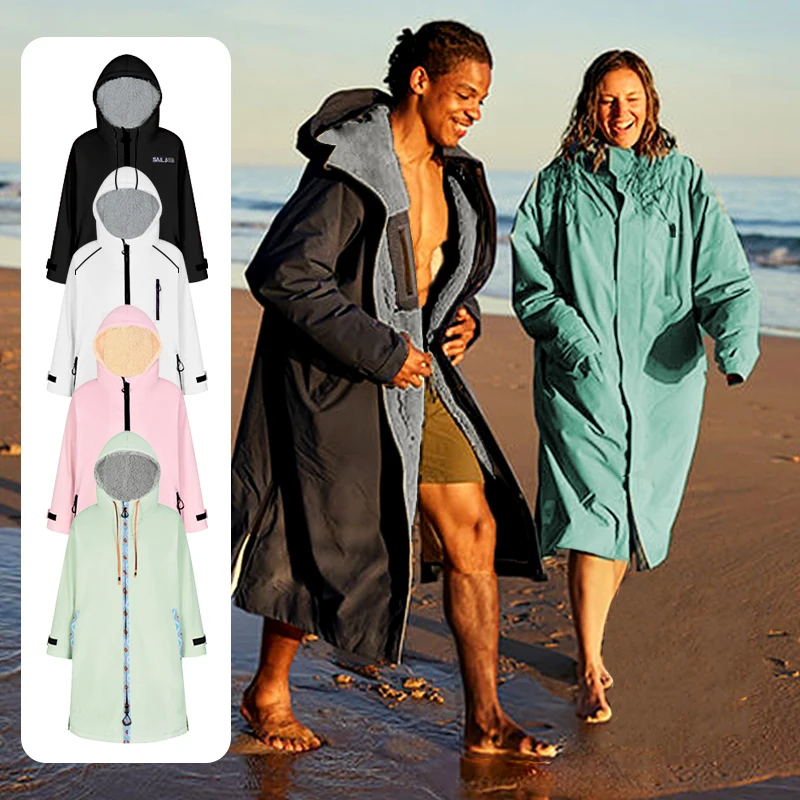 Waterproof Surf Changing Robe Hooded Cloak Beach Surfing Pool Outdoor Coat Lamb Wool Jacket Lining Anorak Raincoat Unisex Bath
