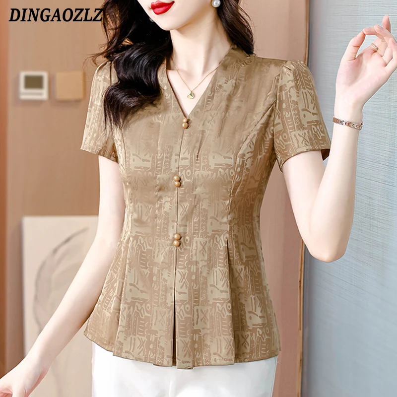 

High-end Short Sleeved Women Blouse V-neck Ruffles Satin Shirt 2025 Slim Summer Printed Tops