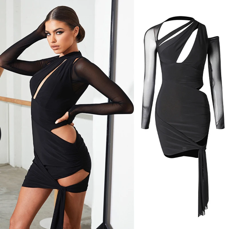 Sexy Mesh Sleeve Cutout Latin Dance Dress Black Irregular Sleeves Bevel Dress Latin Dance Costumes Dresses Salsa Dress SL7266