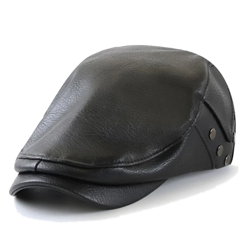 

Middle Aged Men Beret Hat Leather Autumn Winter Flat Peaked Cap Artist PU Leather Newsboy Cap Retro Rivet Herringbone Hat