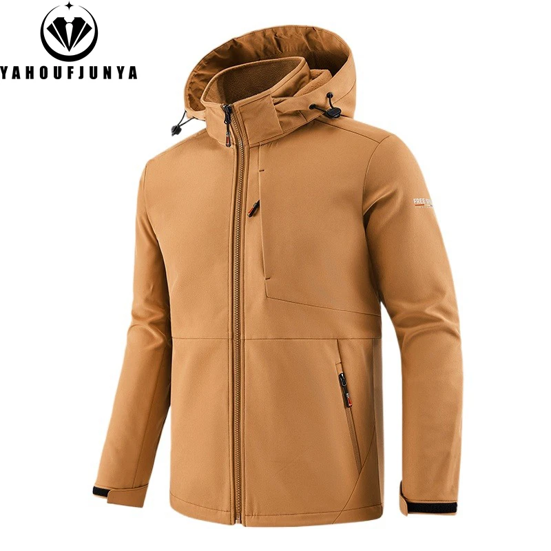 Autumn Winter Men Outdoor Windbreak Fleece Warm Jacket Hiking Men Camping Removable Hooded Comfortable Solid Jacket Coat Male