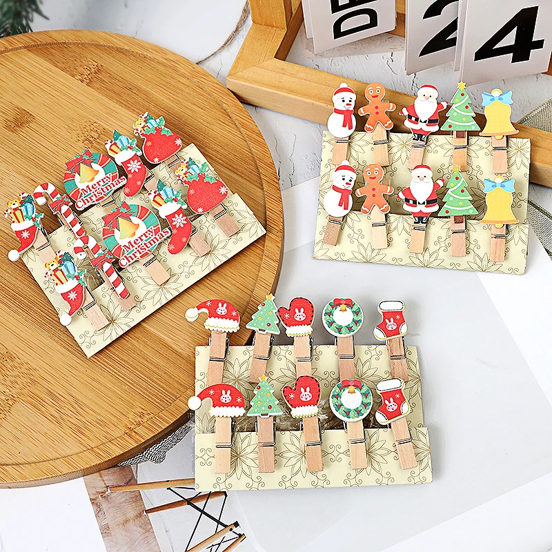 10pcs Christmas Wood Clips Xmas Tree Snowflake Elk Santa Clothespins DIY Photo Clips Hanging for Xmas Home School Art Craft