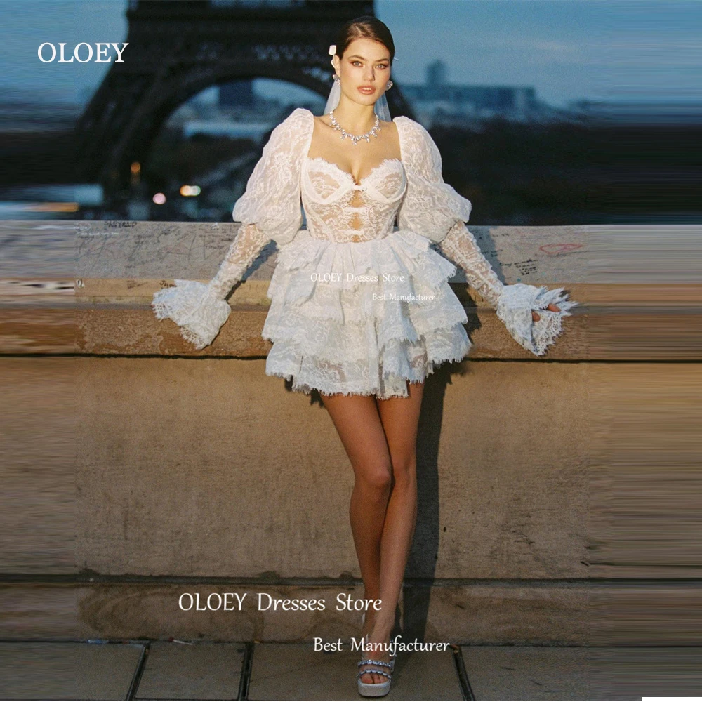 OLOEY-Mini Robe de Mariée Courte à Manches sulf, Tenue de Plage à Plusieurs Niveaux