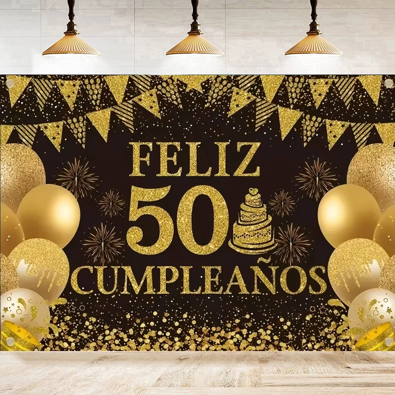 Photography Backdrop Spanish 50th Anniversary Birthday Background Shiny Golden Sequins Cake Banner 50th Anniversary Poster