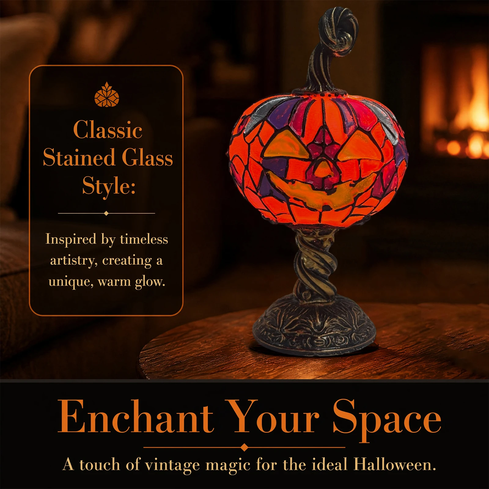 Halloween Night Light Fade Resist LED Desk Lamp Ornament Stained Glass Halloween Pumpkin Table Lamp for Home Bedroom Living Room