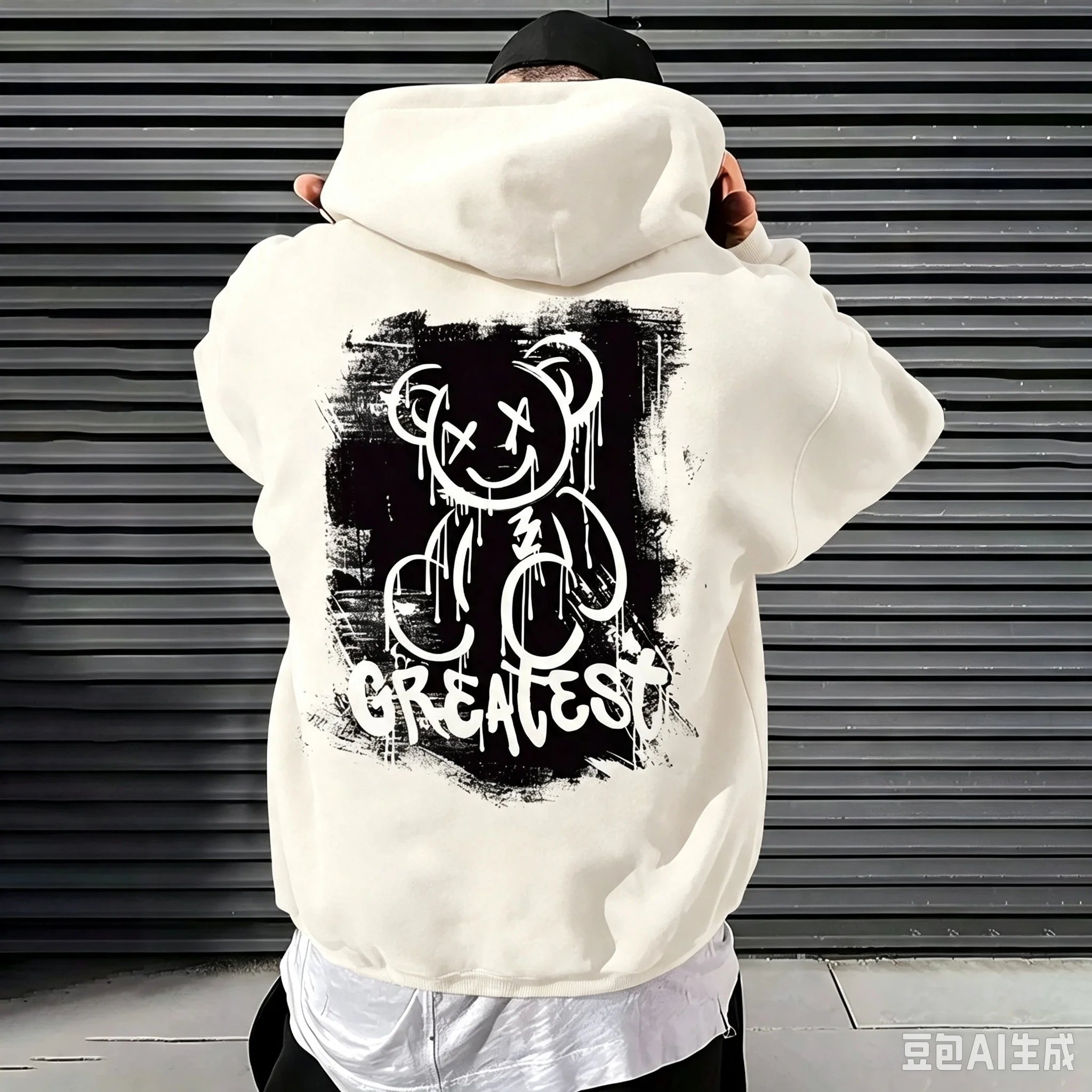 Herren Teddybär-Buchstabendruck Lockerer Bequemer Langarm-Kapuzenpullover für Herbst/Winter Street-Trend Freizeitkleidung – Detail 5