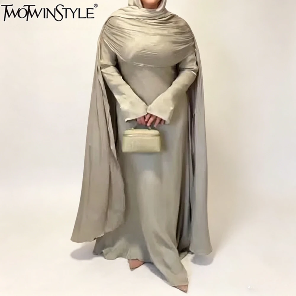 TWOTWINSTYLE Solid Slimming Spliced Fold Dress for Women Round Neck Long Sleeves Patchwork Shawl Dresses Female Elegant Style