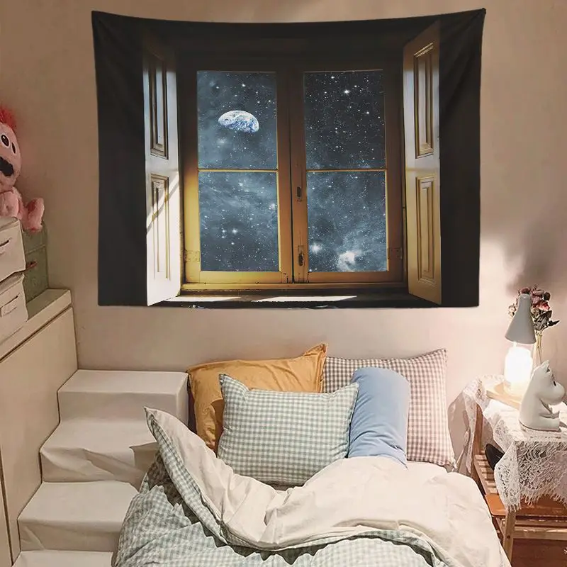 VIKAMA Simulation Window View Starry Sky Earth Tapestry, HD Wear-Resistant Background Cloth for Dreamy Living Room Decor