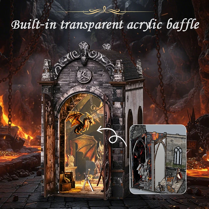 Zuuton Dragon Treasure DIY Book Nook Kit 3D Wooden Puzzle with LED Light Miniature Dollhouse Bookend Handmade Model Decor Gift