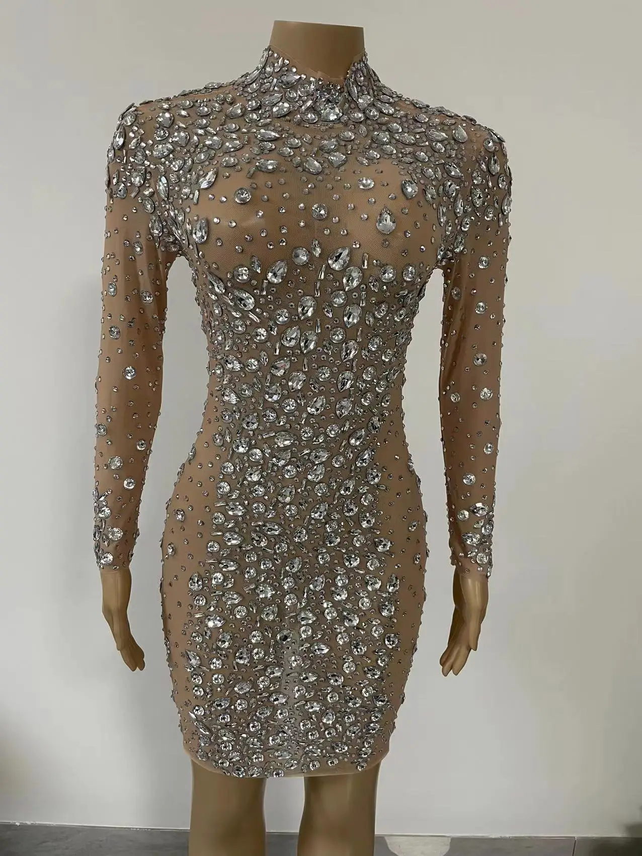 ผู้หญิง Rhinestones หรูหราคริสตัลตาข่ายยาวชุดวันเกิดงานแต่งงานฉลองชุดราตรีชุดราตรีนักร้องสวมใส่