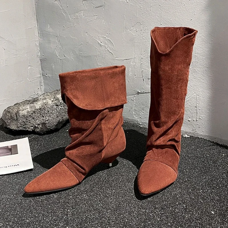 

Suede Pleated Winter Women High Boots Fashion Pointed-Toe Short Boots Female Retro Kitten Heel Designer Boots Women Botas Mujer