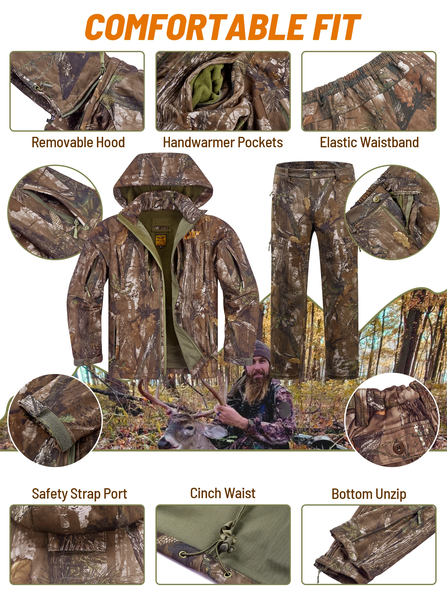 Camo Hunting Clothes for Men, Winter Warm Hunting Jacket and Pants,Fleece Lined Hunting Suit for Deer Duck Bow Hunts