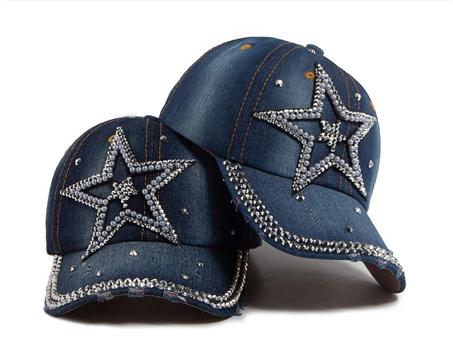 Y2K Pentagramm Denim Tuch Baseball Kappe Frauen Mode Vintage Snapback Männer Weibliche Hip hop Glänzenden Strass Hut Für Frühling Herbst – Detail 1