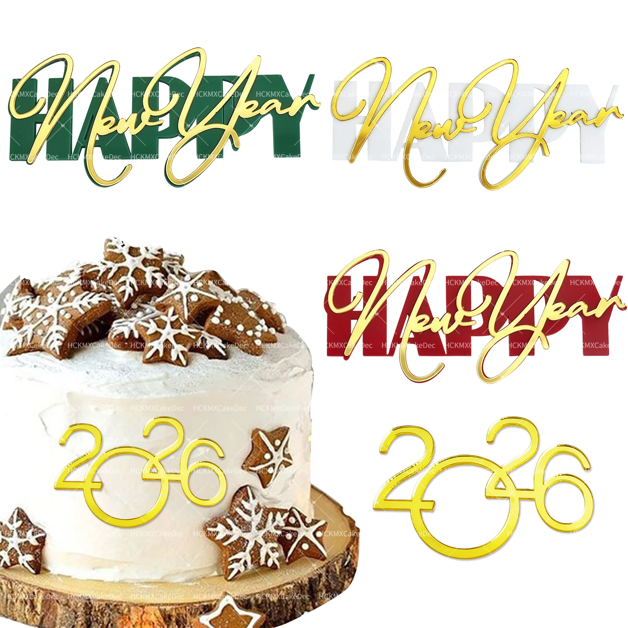 3 Stück Frohes Neues Jahr Topper Golden Merry Christmas Acryl Kuchen Topper für Neujahr Party Weihnachten Kuchen Dekorationen ﻿