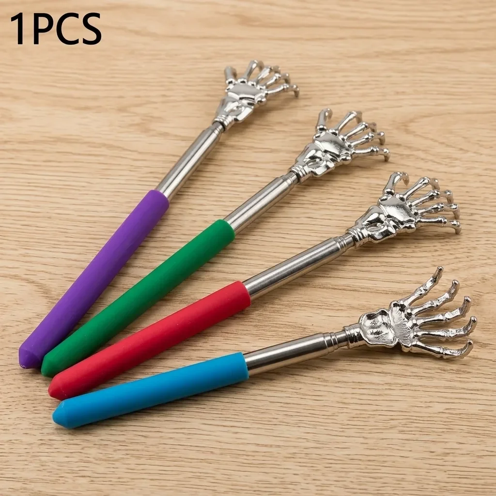 Retractable Stainless Steel Back Scratcher Skull Hand Shape Non-Slip Rubber Handle Portable Itch Relief Back Massage Tool For Adults Elderly Home Travel Use