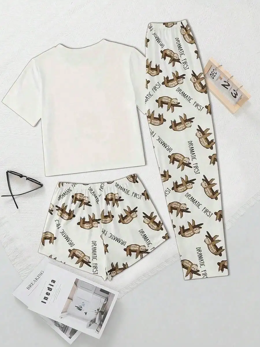 Womens Summer Thin Pajamas Set Round Neck Short Sleeve With Sloth Cartoon Print Shorts And Long Pants