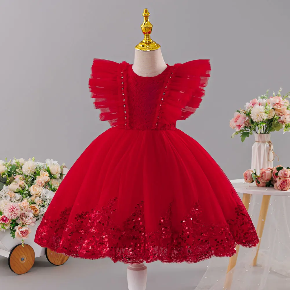 HETISO Little Girl Red Flower Dress New Christmas Kids Princess Fluffy Children's New Year Birthday Hosting Ball Gown Costume