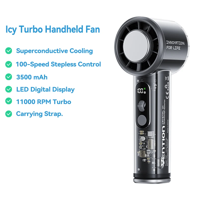 Vention Turbo Handventilator Supergeleidende koeling Draagbare buitencamping 11000 RPM snelheid Traploze LED-ventilator met digitaal display