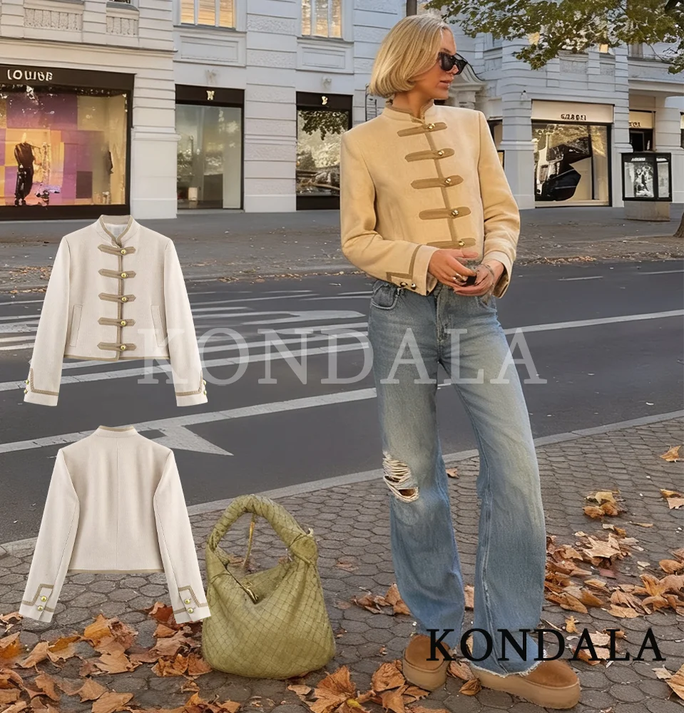 

KONDALA Knot Buttons Jackets Women's O-Neck Padding Shoulder Jackets 2025 Fall Fashion High Street England Vintage Ladies Jacket