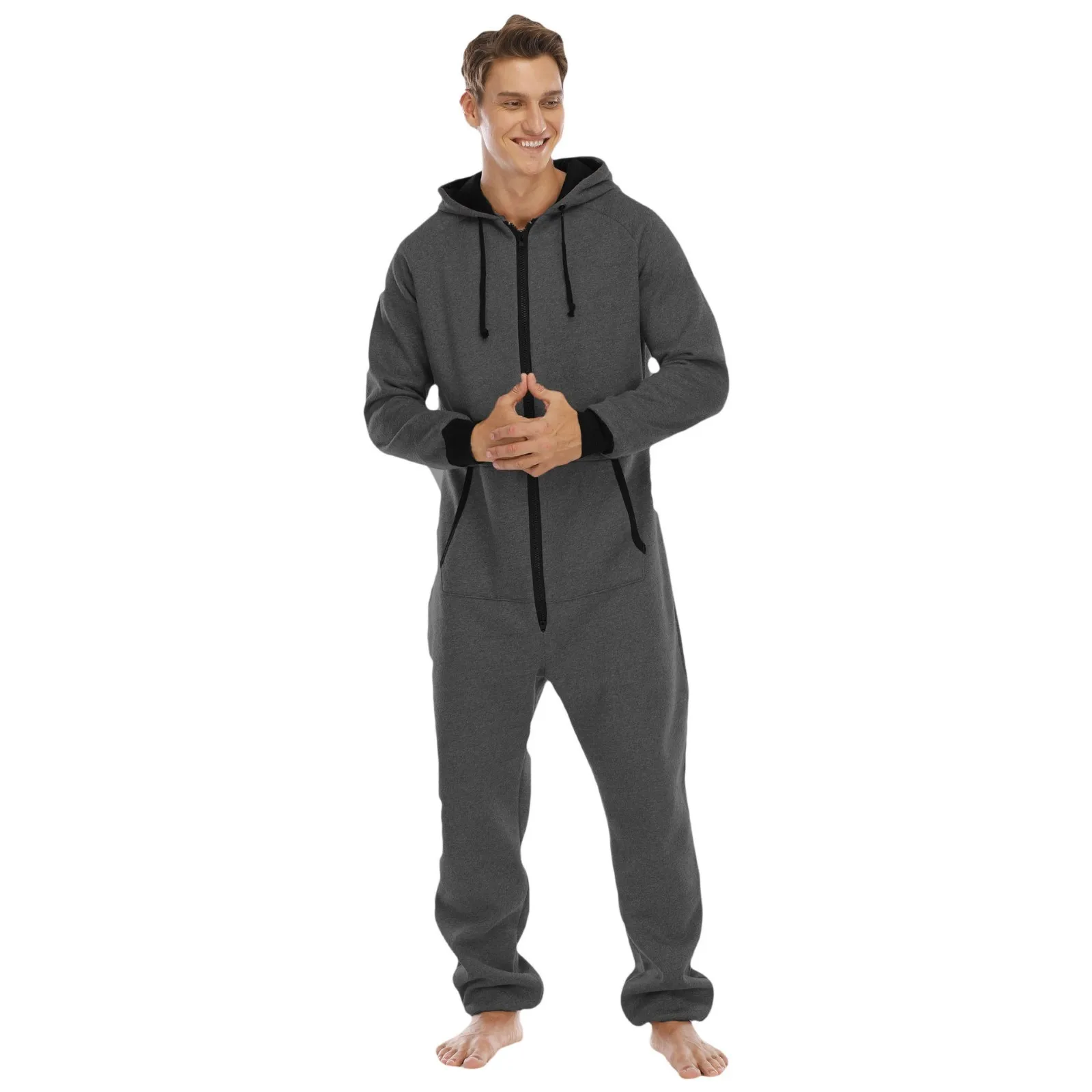 2024 Sleepwear Long Sleeve Solid Color One Piece Pajamas Casual Homewear Nightgown Men Buttons Up Warm Jumpsuit Nightwear Man