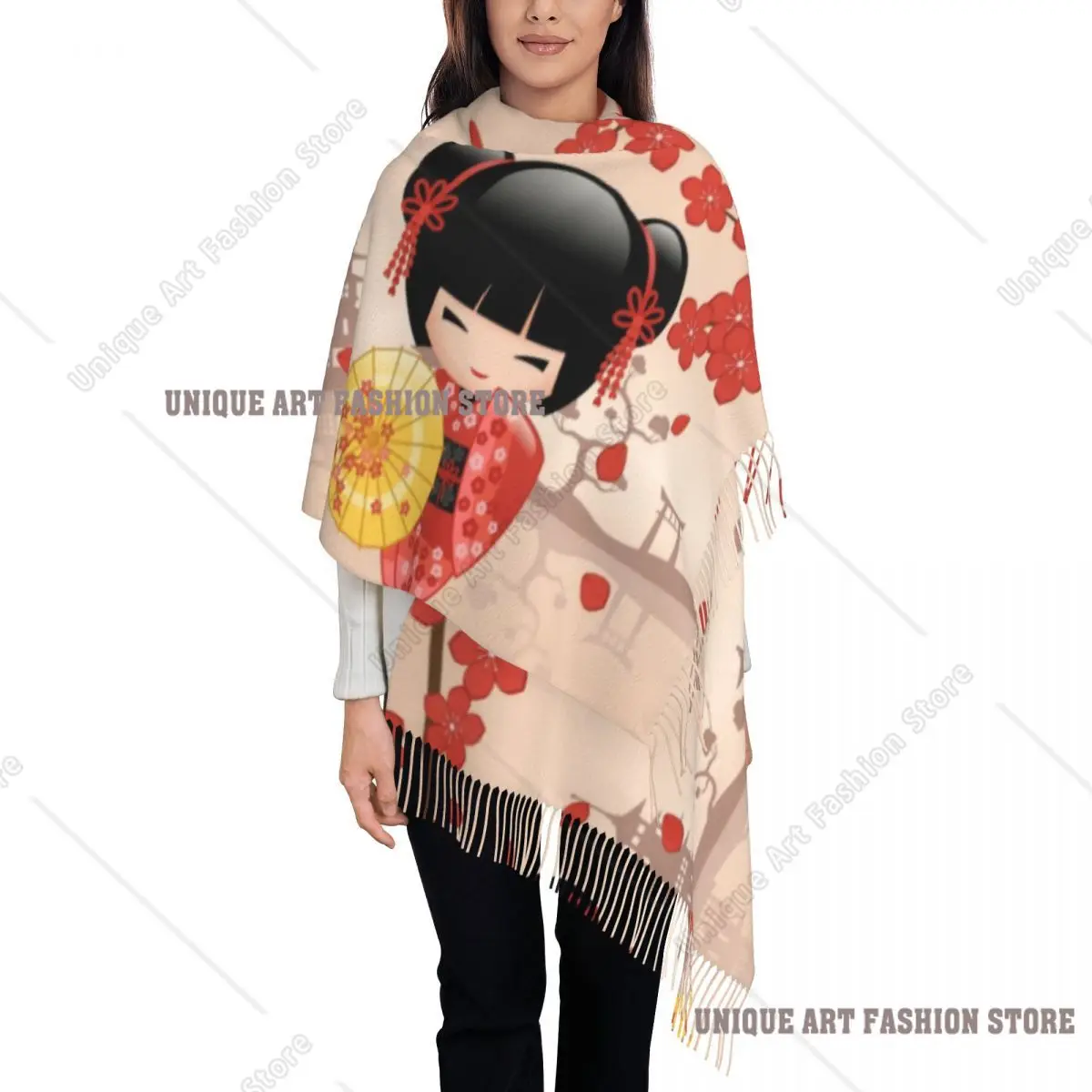 

Custom Print Japanese Red Sakura Kokeshi Doll Scarf Women Men Winter Fall Warm Scarves Cute Girly Cherry Blossom Shawls Wraps