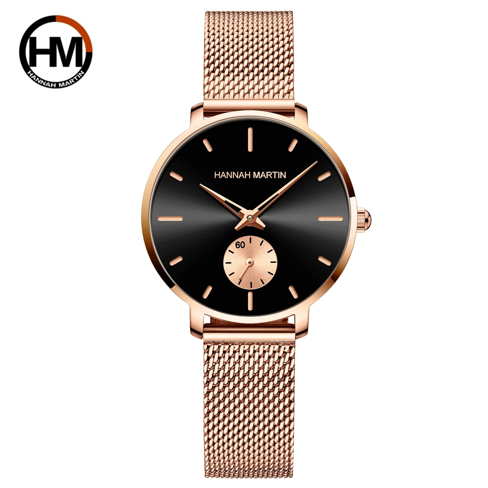 HANNAH MARTIN Brand Women Watch Rose Gold Dial 33mm Stainless Steel Mesh Strap Casual Fashion Dropshipping Quartz Women Watches