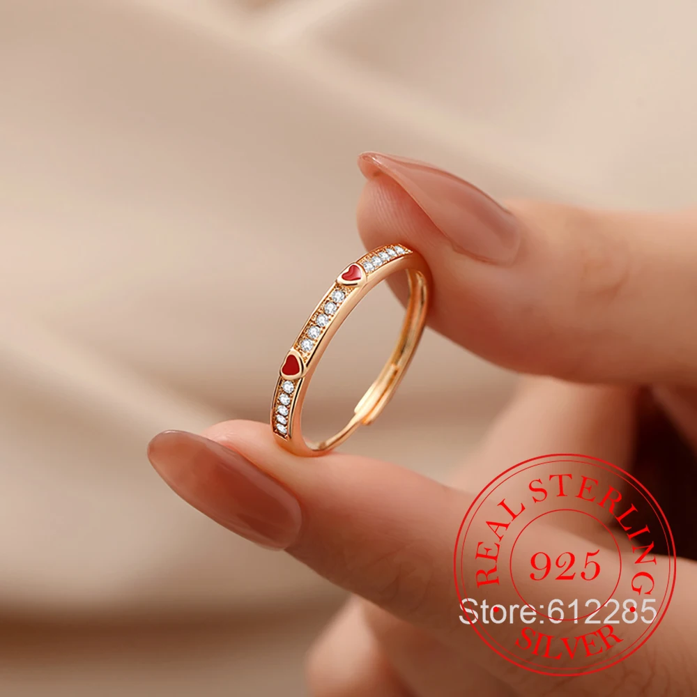 

925 Sterling Silver 18K Rose Gold Plated Crystal Red Heart Finger Rings for Women Wedding Party Jewelry For Girls Friend Gift