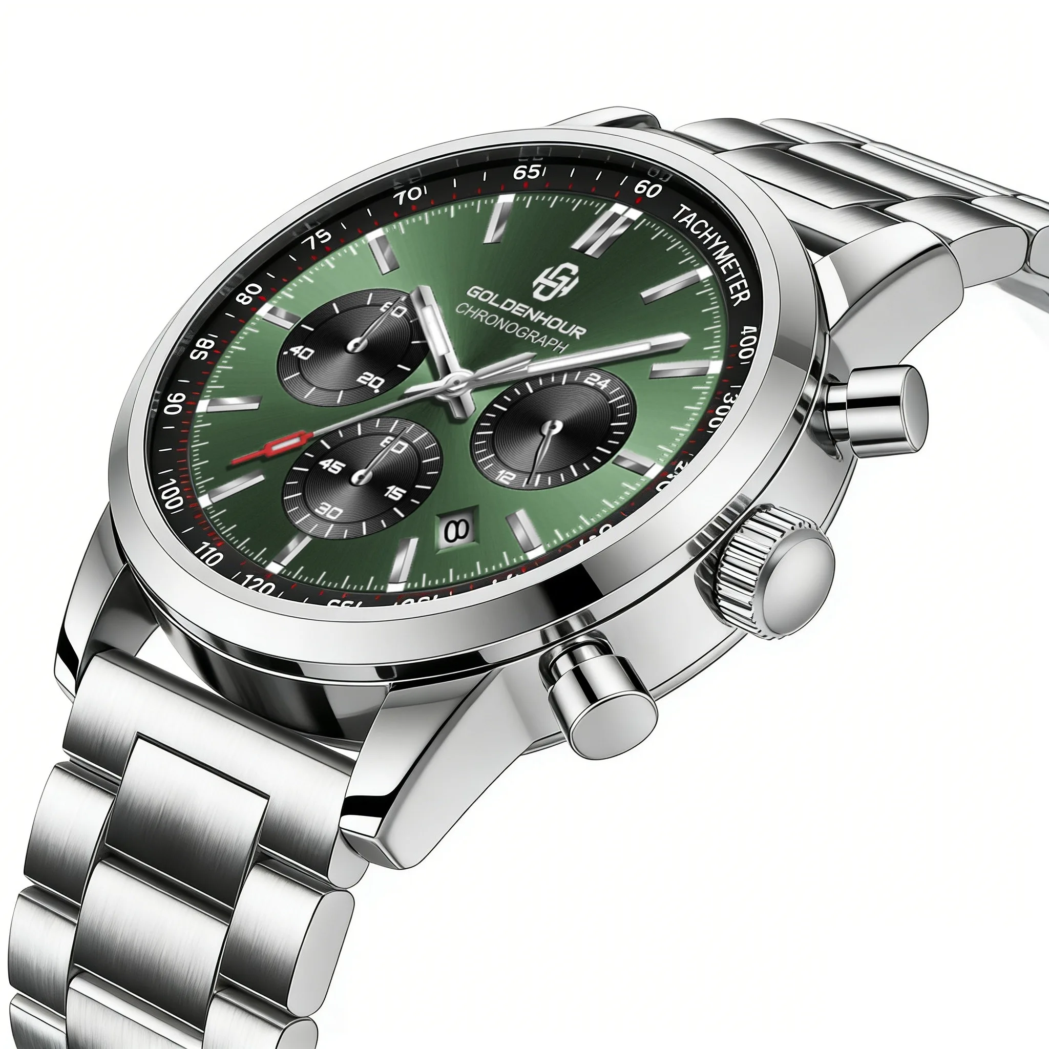 GOLDENHOUR Luxus-grüne Uhr für Herren, Edelstahl, wasserdicht, leuchtender Chronograph, Quarz-Sport-Armbanduhr, Relogio Masculino