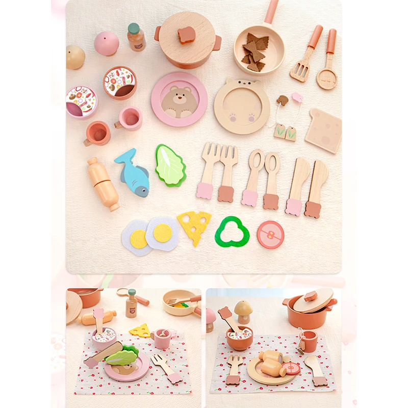 مجموعة ألعاب مطبخ الدب الخشبي |   تتضمن لعبة الطبخ التظاهري للأطفال أدوات المطابخ وأطعمة واقعية كهدية للأطفال