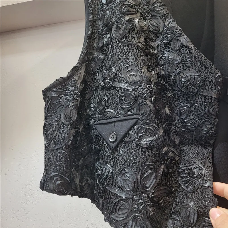 Tanntผู้หญิงเสื้อกั๊กไม่สม่ําเสมอเย็บปักถักร้อยพิมพ์สีดําเสื้อกันหนาวผู้หญิงแฟชั่นไม่สมมาตรผ้าพันคอเสื้อกั๊กเสื้อ 2025 ฤดูใบไม้ผลิใหม่