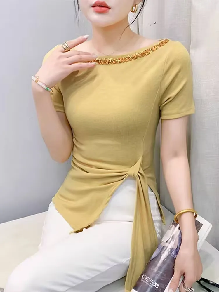 2025 New Arrival Shinny Silk Art T-shirt Spring Summer Woman Simple Short Sleeve Asymmetrical Solid High Street Bottoming Cotton