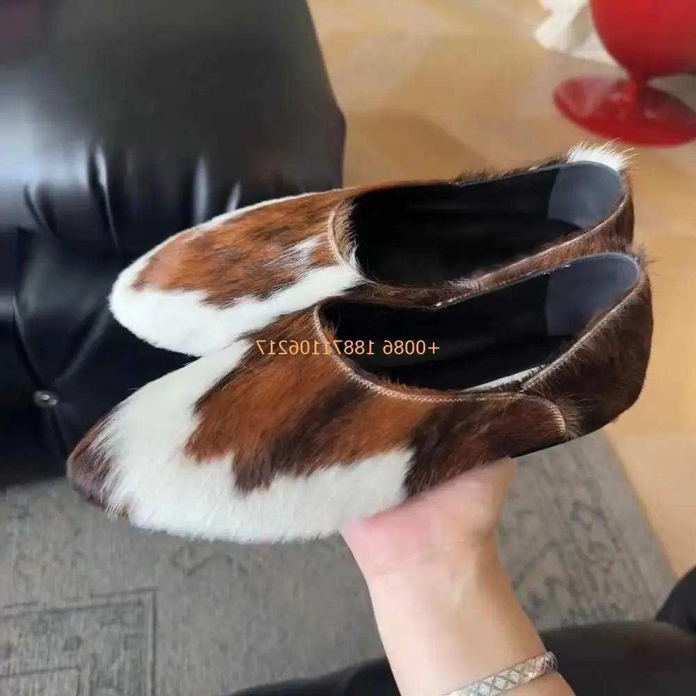 

New Women's Cow Pattern Loafers 2026 Spring New Round Toe Fur Slip-On Flat Shoes Street Elegant Mixed Color Fashion Casual Shoes
