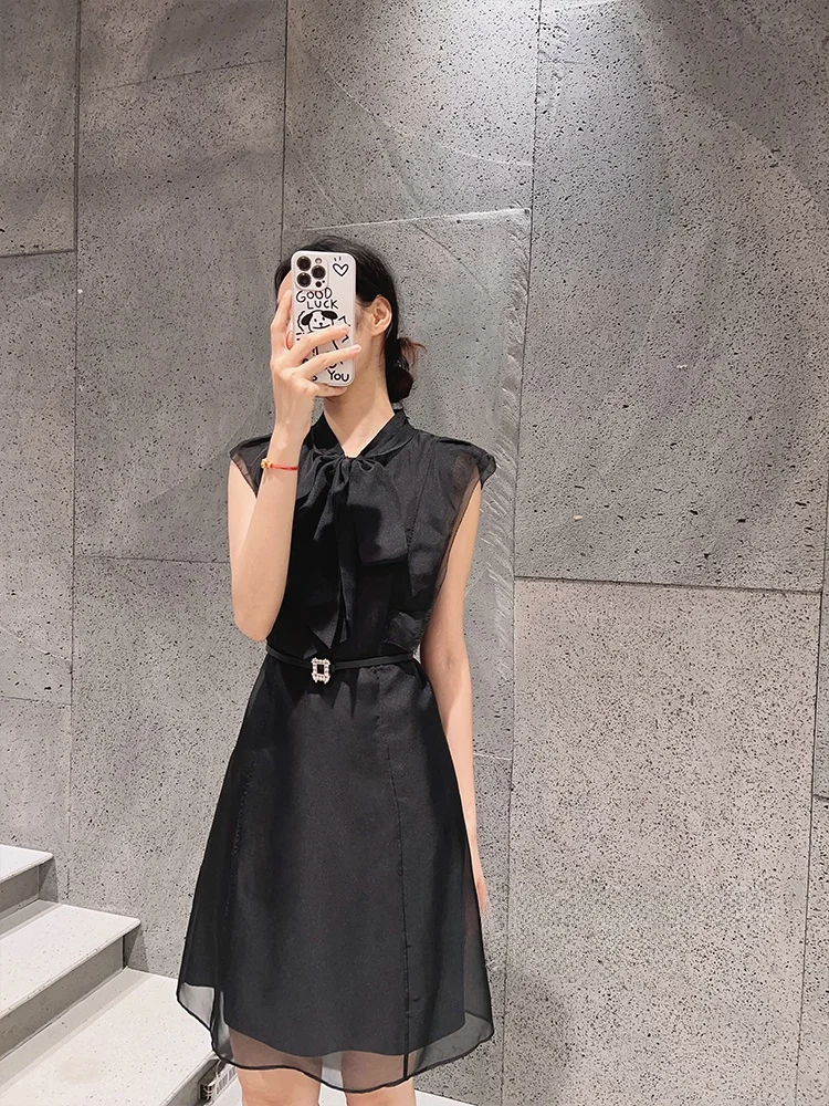 

Ele OL Bla Svel Dr with Knot Sa Translucent Design Slimming Versatile Women's Faion Commute