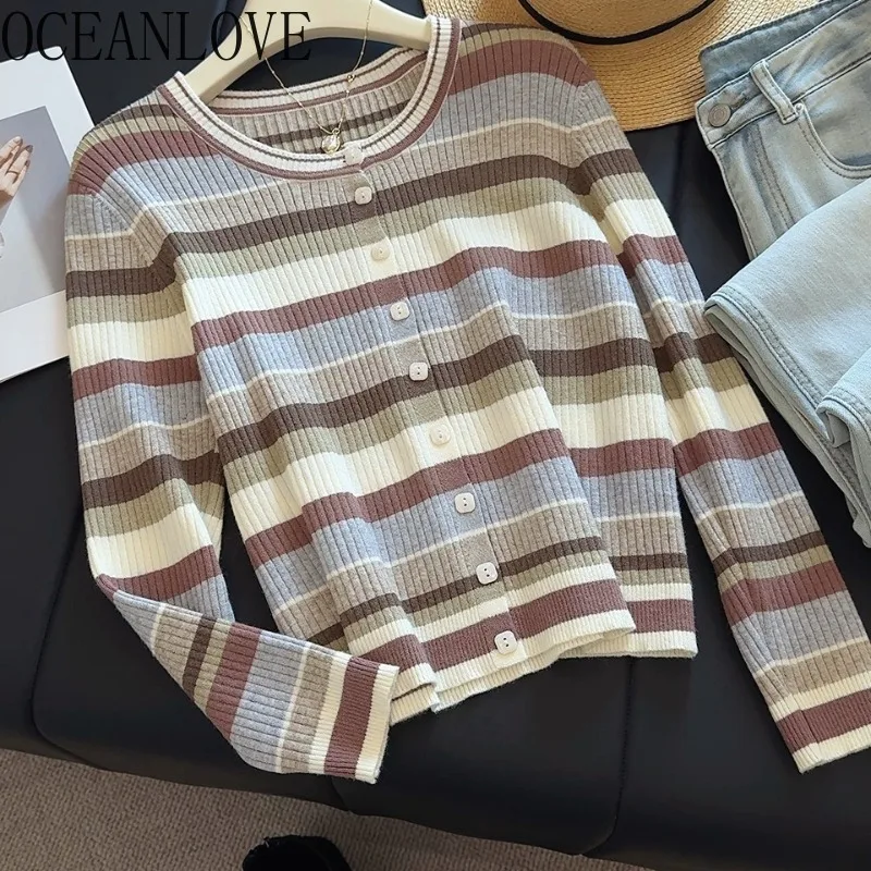 

OCEANLOVE Short Cardigans Women Stripes Contrast Color Spring Autumn Thin Sweaters Korean Fashion Vintage Chic Sueter Mujer