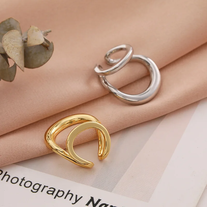 HUANQI New Vintage No Piercing Metal Double Layer Hollow Bending Ear Bone Clip Earrings For Women Girls Fashion Party Jewelry