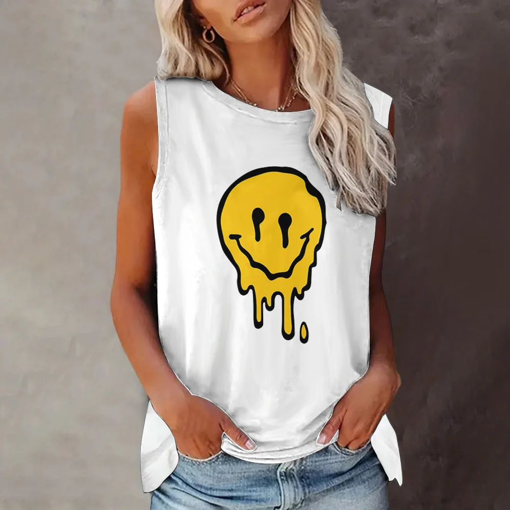 Fun Cartoon Smiley Face Printed Top Lightweight And Comfortable Casual O-neck Vest 2024 Personalized Summer Sleeveless Top