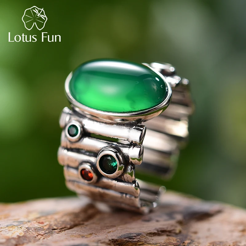 Lotus Fun Luxury Natural Green Gemstones Bamboo Joint Adjustable Rings for Women Real 925 Sterling Silver Vintage Fine Jewelry