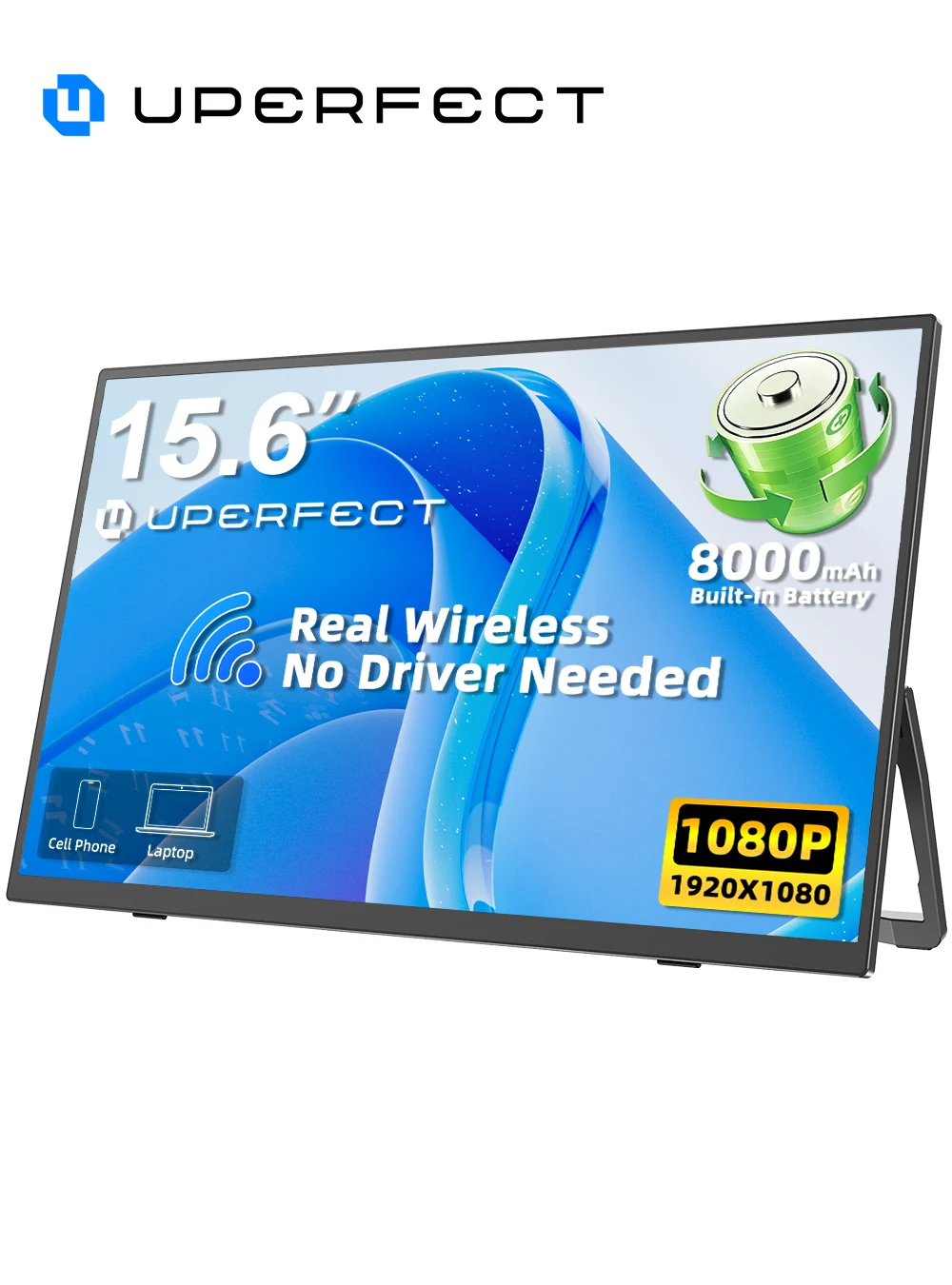 UPERFECT ワイヤレス・ポータブルモニター（8000mAhバッテリー内蔵、15.6インチ、1080P、AirPlay・Miracast対応）— ノートPC用サブモニター、USB-C/HDMI接続、スマホ・タブレット・Switch・Xbox対応、旅行・出張用セカンドディスプレイ