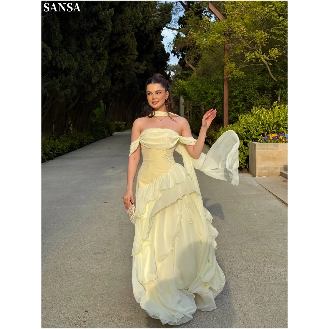 Sansa Customized 2026 Pale Yellow Off Shoulder Chiffon Gown with Ruffled Layers and Matching Scarf Formal Evening Prom Dress