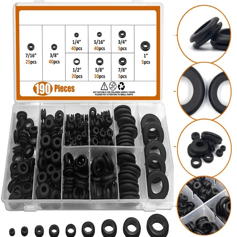 

190pcs Black O Ring Rubber Washer Seals Gasket Grommet Assortment Kit Electrical Gasket O-Ring Seals Tools Set 6.35-24.61mm